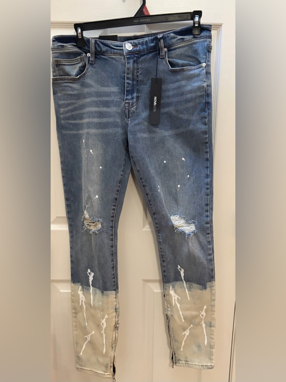 Blue Skinny Jeans with White Paint-Effect Hem
